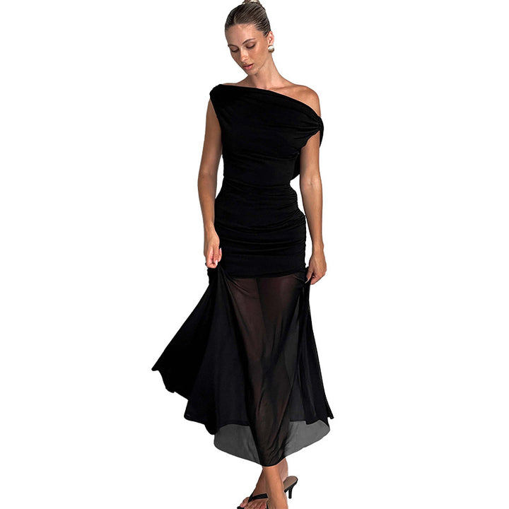 Black Off-Shoulder Sheer Maxi Dress