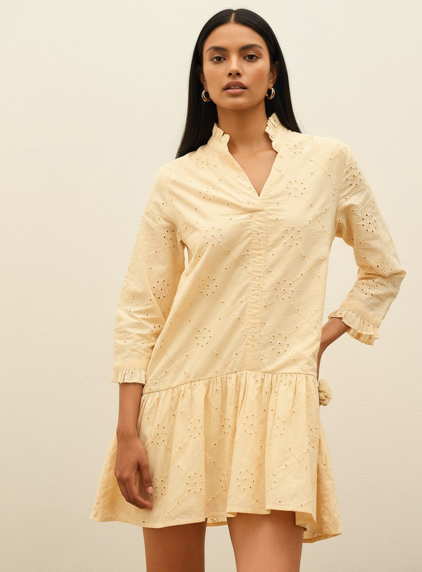 Beige Schiffli Mandarin Collar Ruffle Hem Dress