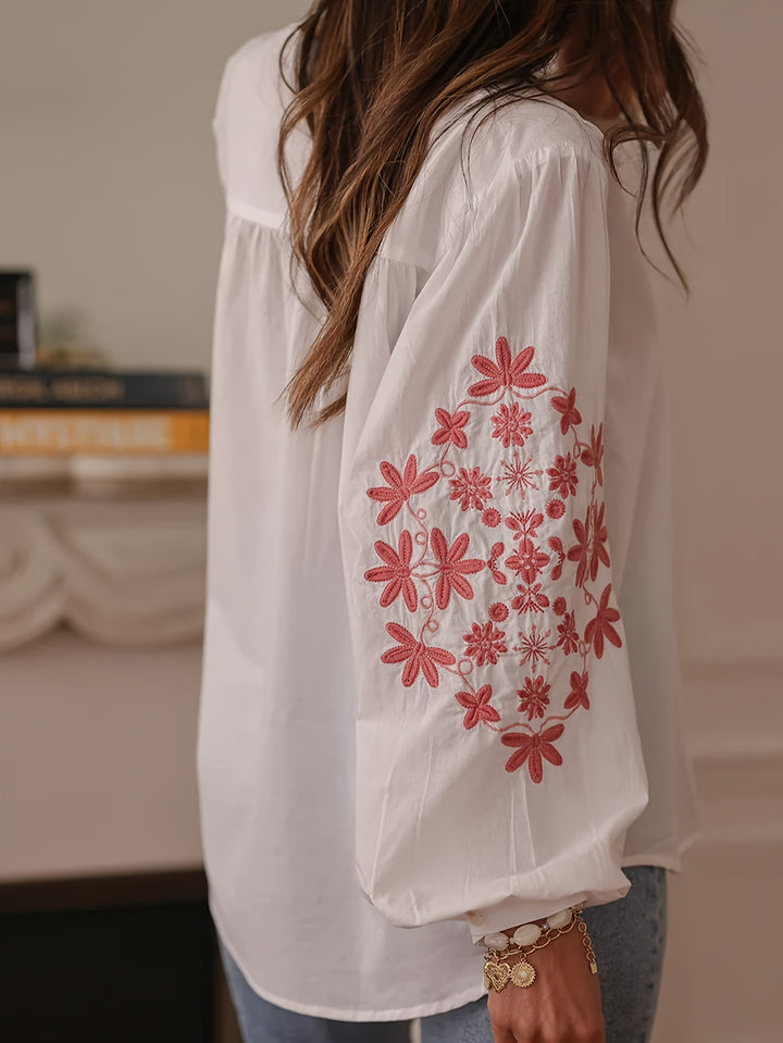 White Bishop Sleeve Front Buttoned Mandarin Collar Embroidered Top