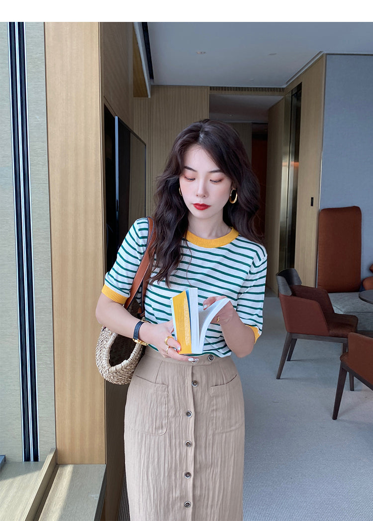 Blue Contrast Hem Striped Top