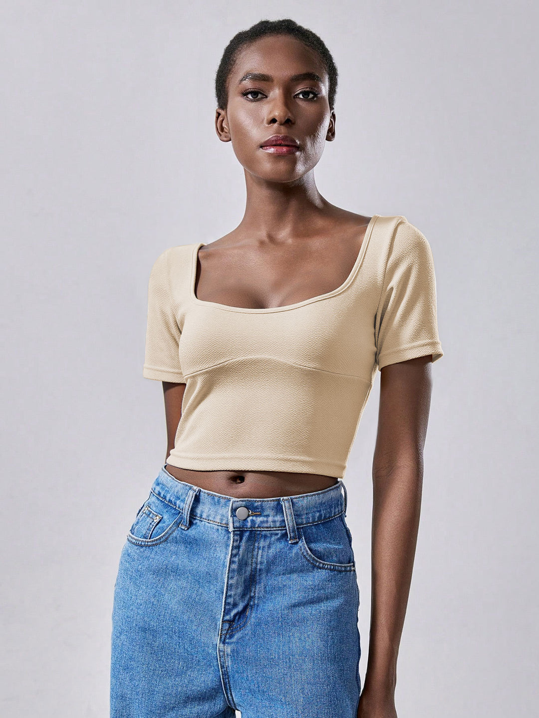 Cream Short Sleeve Round Neck Back Bow Top