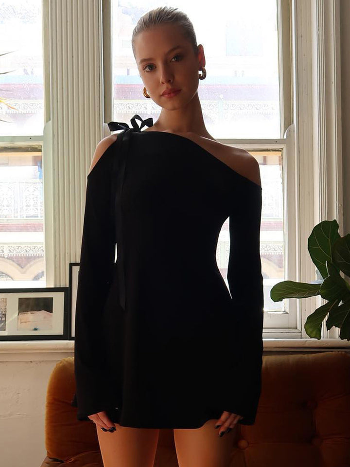 Black One-Shoulder Long-Sleeve Mini Dress