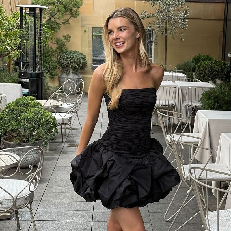 Black Balloon Hem Fitted Mini Dress