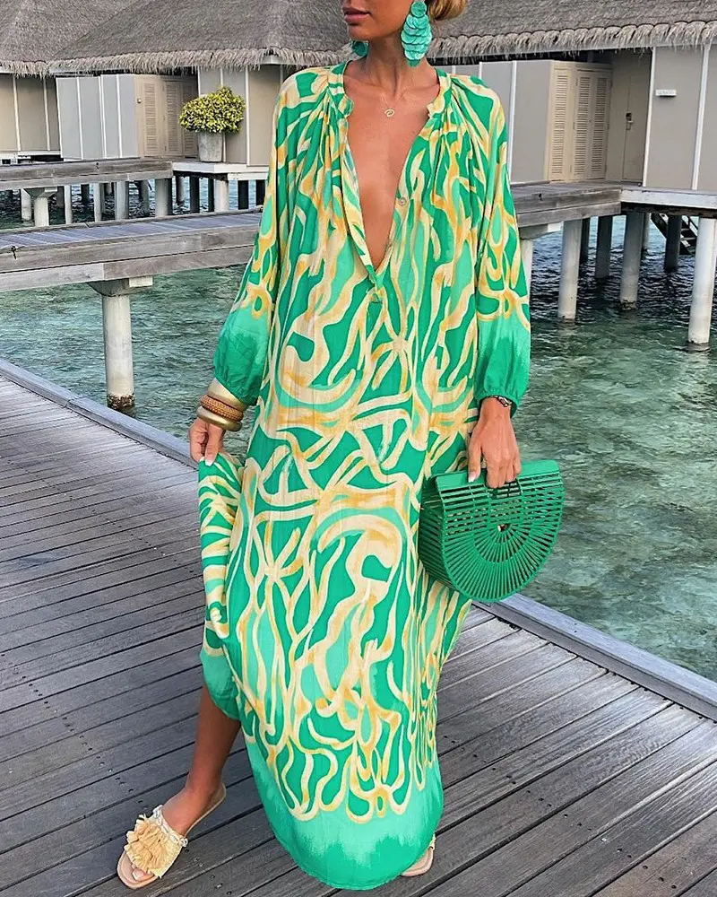 Green Abstract Print Full Sleeve Dress
