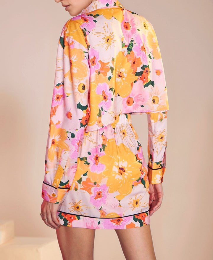 Yellow Full Sleeve Collared Neck Printed Shirt And Skirt Set