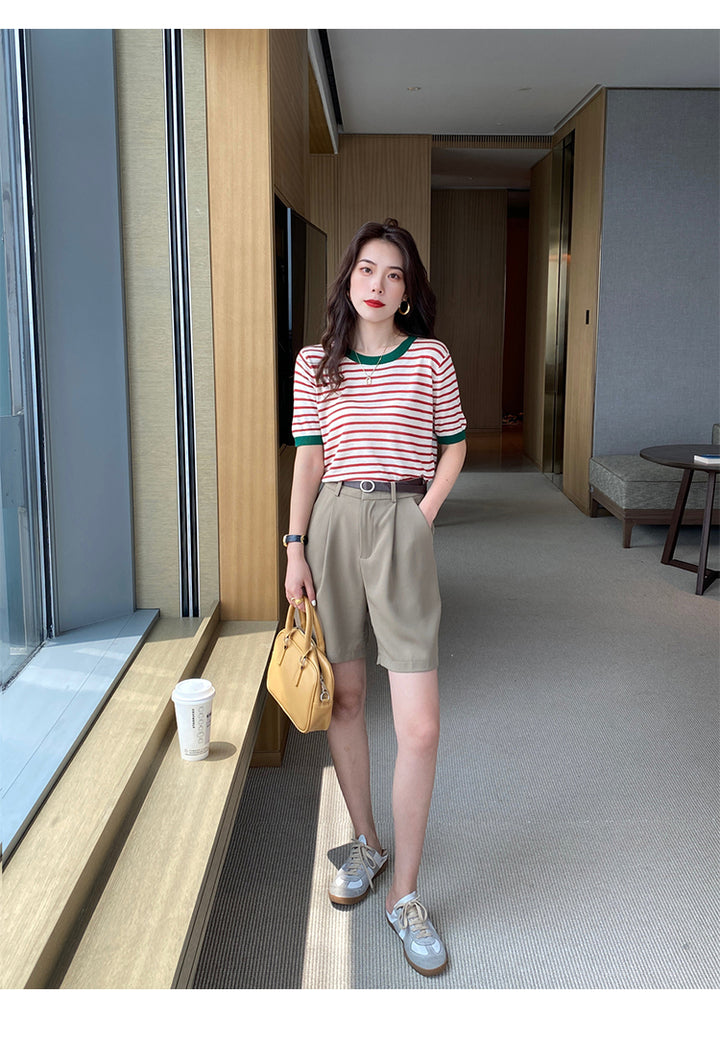 Red Contrast Hem Striped Top