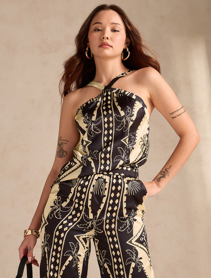 Black Scarf Print Coord Set With Halter Neck Assymentric Top Paired With Straight Fit Trousers
