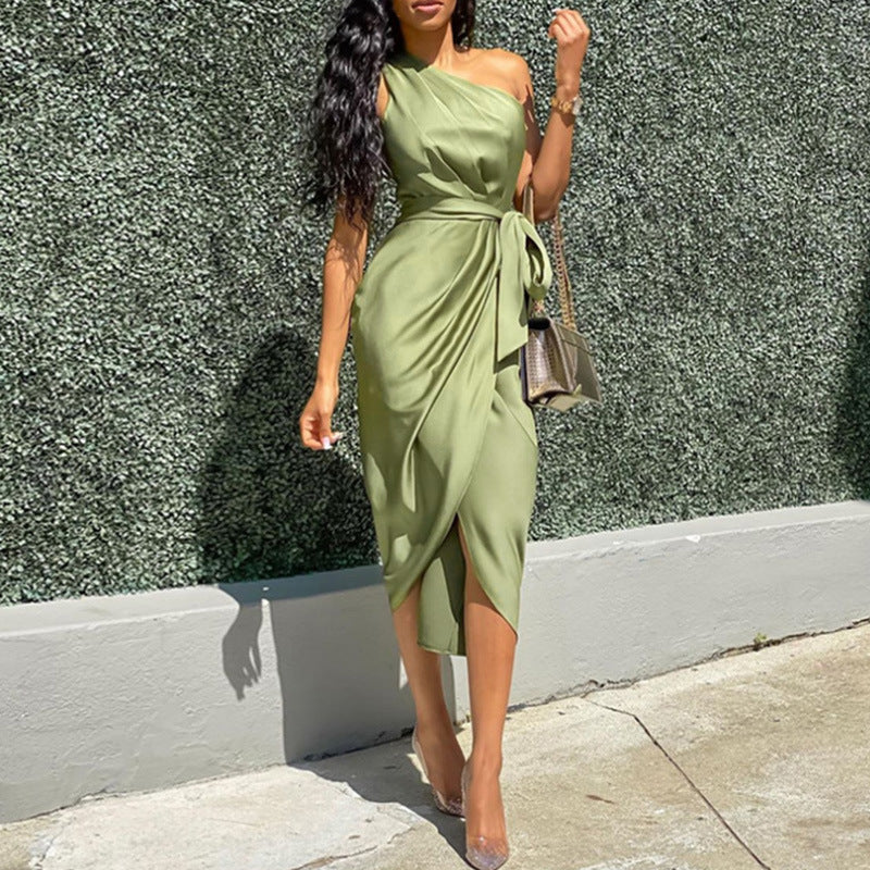 Olive One Shoulder Wrap Midi Dress