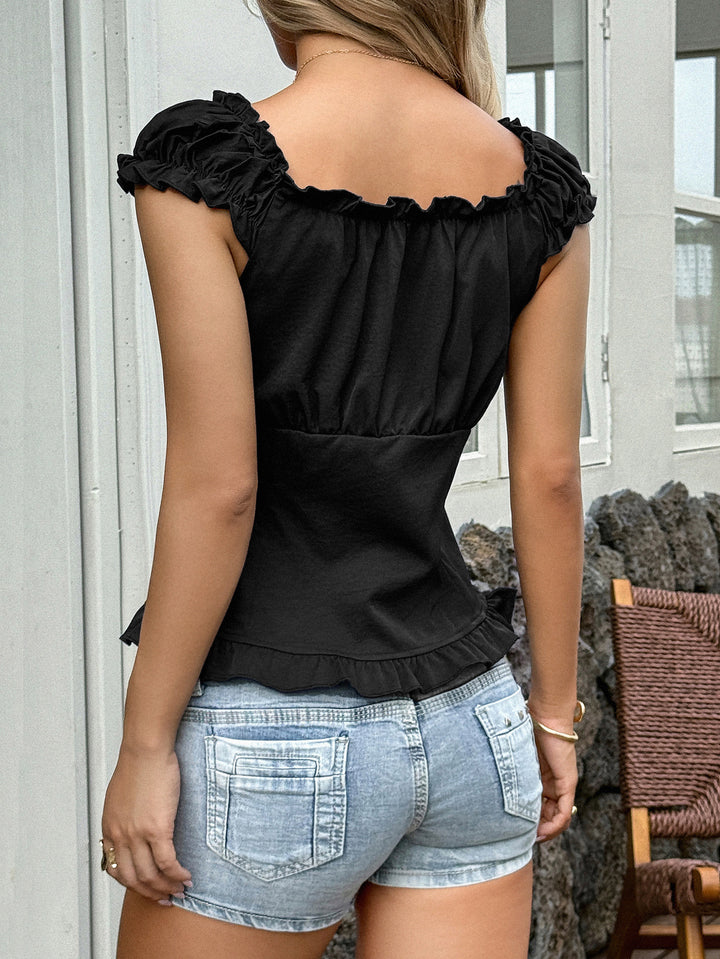 Black Off Shoulder Front Button Pleated Top