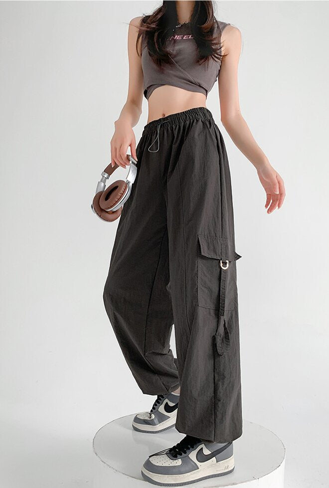 Charcoal Straight Fit Drawstring Parachute Cargo Pants