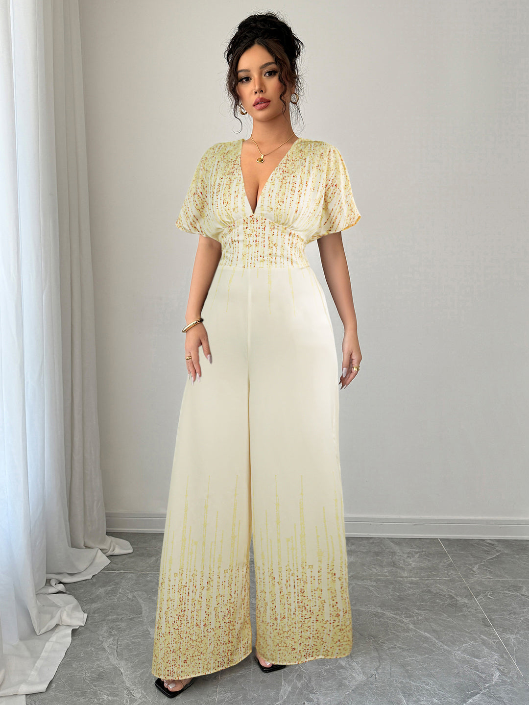 Cream V- Neck Cinched Waist Jumpsuit