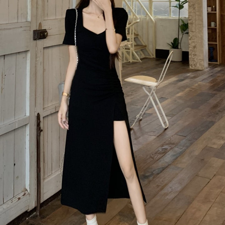 Black High Slit Midi Dress