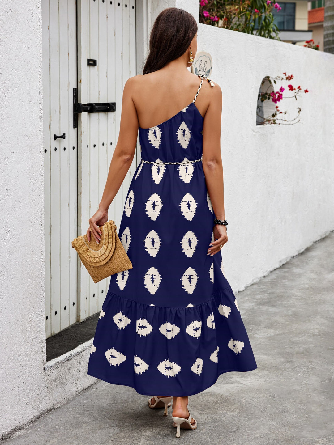 Navy Blue One Shoulder Printed Flowy Dress