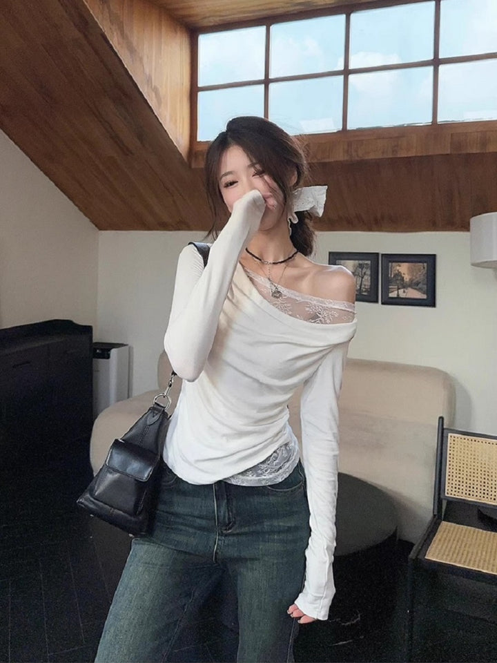 White Off-Shoulder Top With Lace Inserts