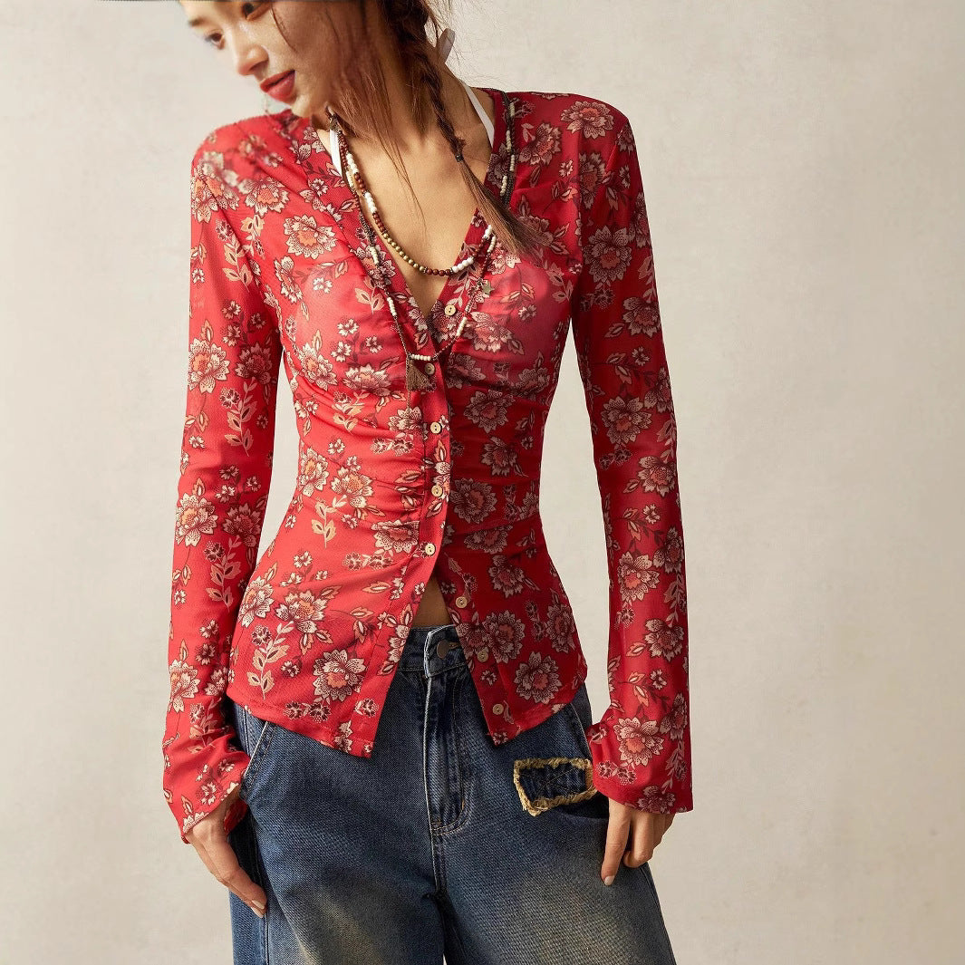 Red Full Sleeve Front Button Top