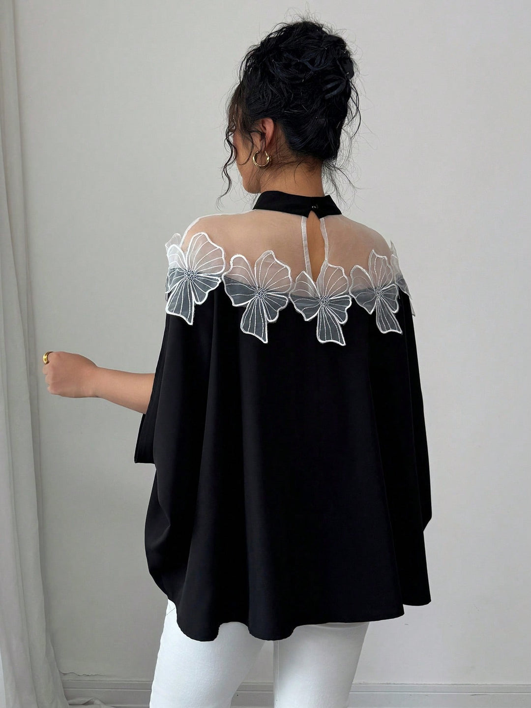 Black High Neck Embroidery Patch Top