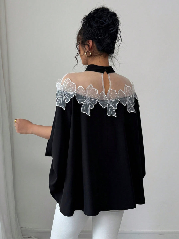 Black High Neck Embroidery Patch Top