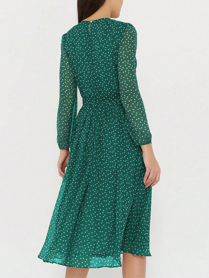 Green Printed High Neck Midi Dress