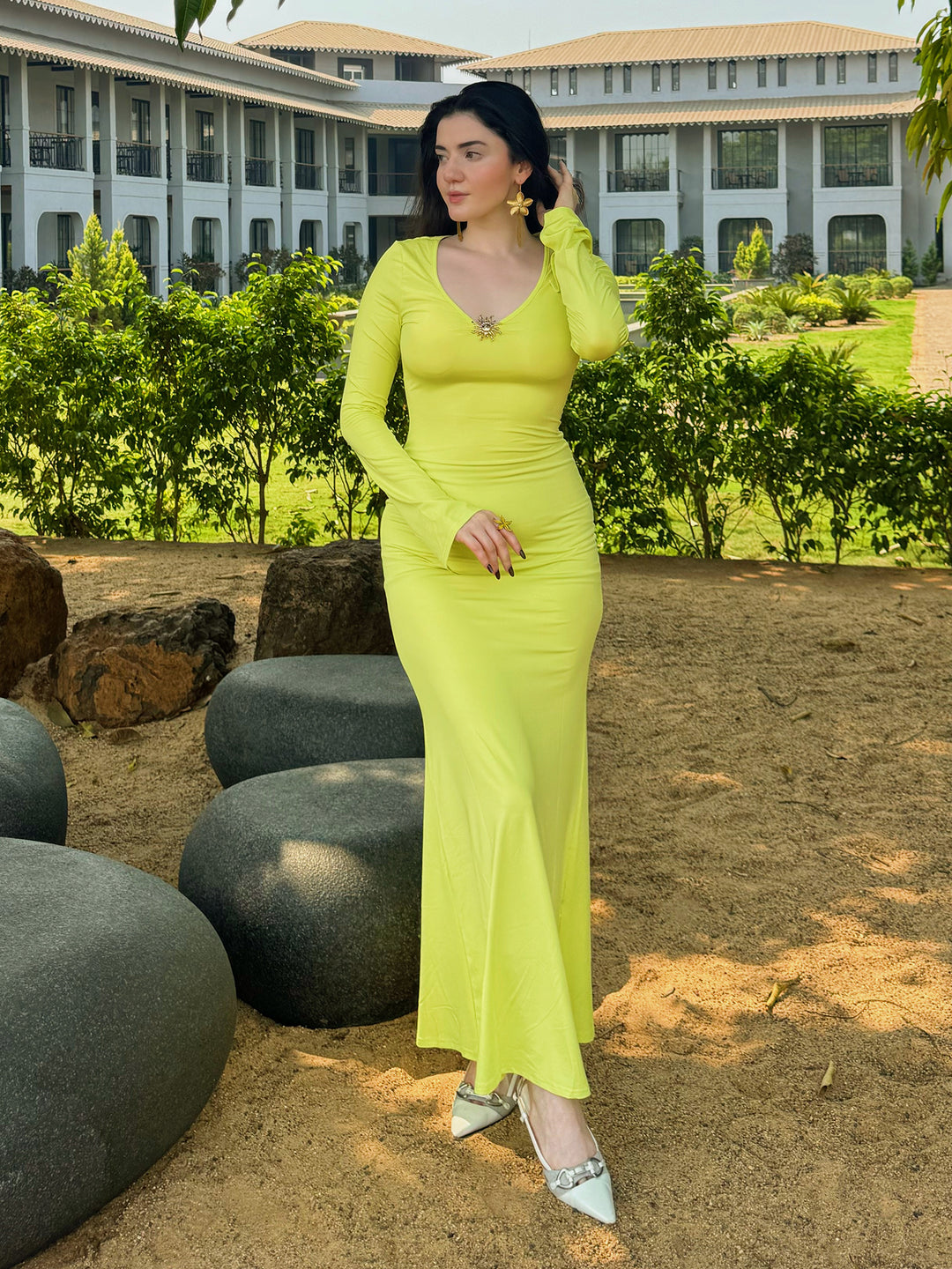Lime Full Sleeve U-Neck Dress
