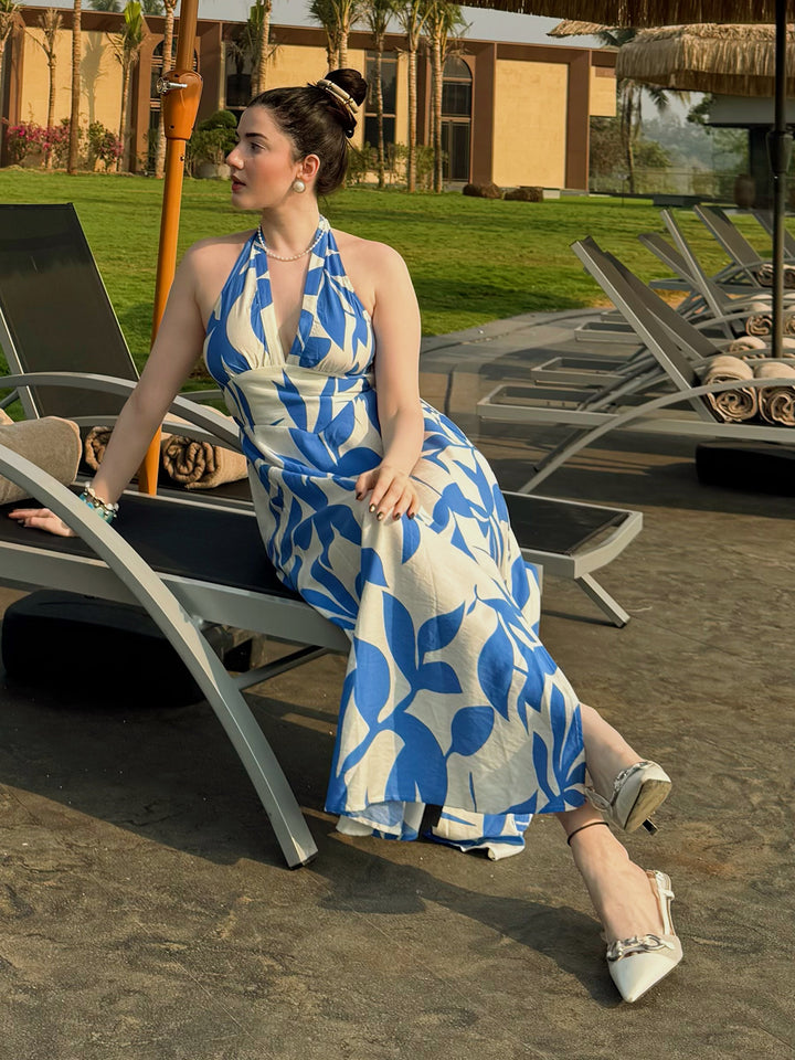 White Halter Neck Printed Flared Dress