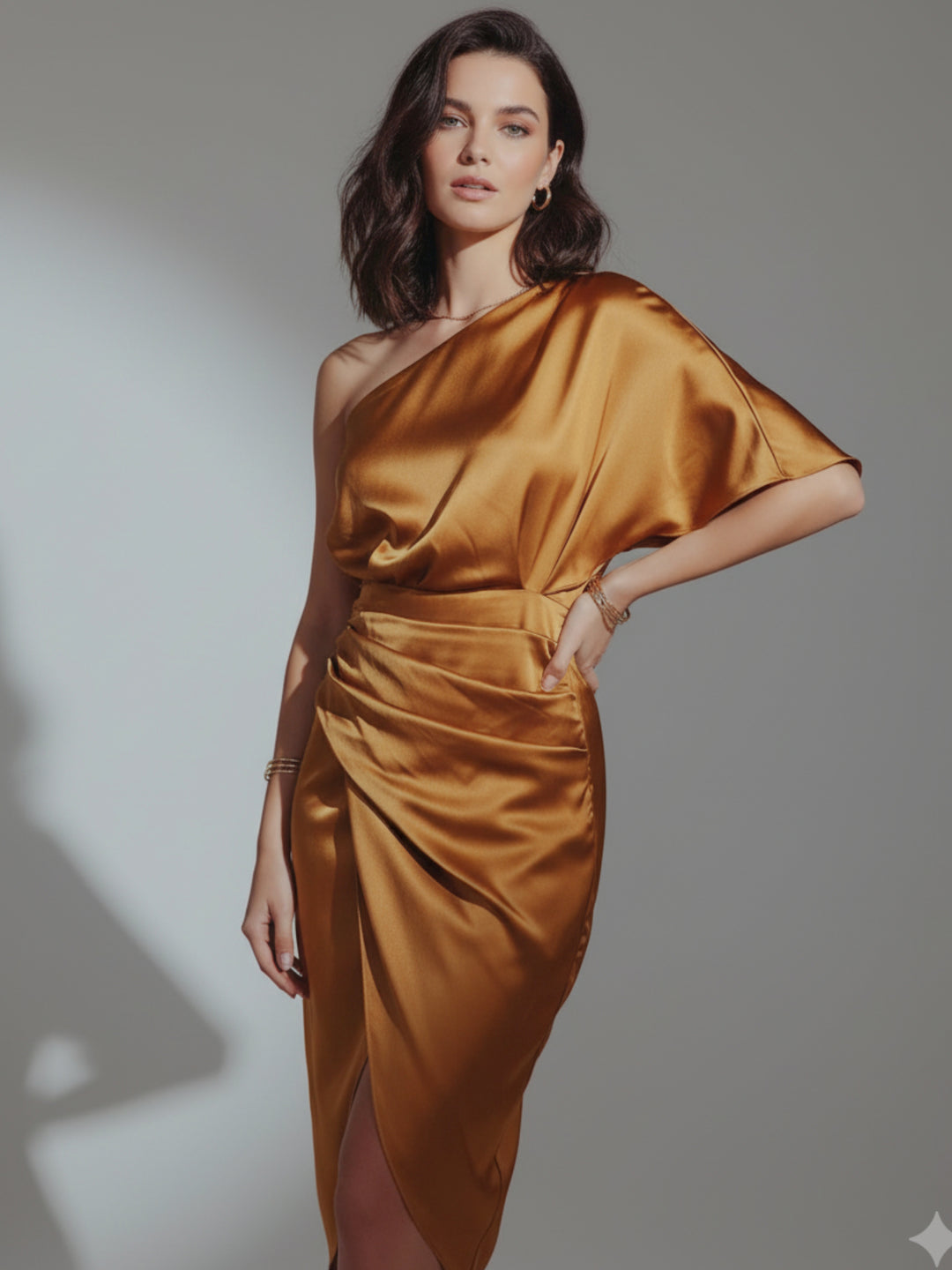 Mustard One Shoulder Sleeve Asymmetrical Dress