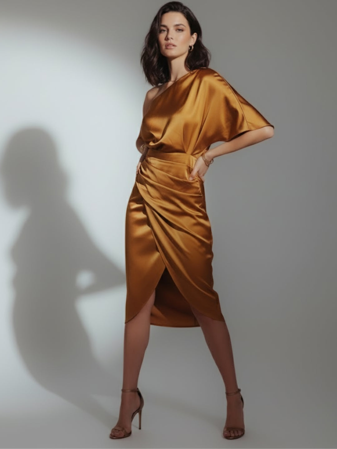 Mustard One Shoulder Sleeve Asymmetrical Dress