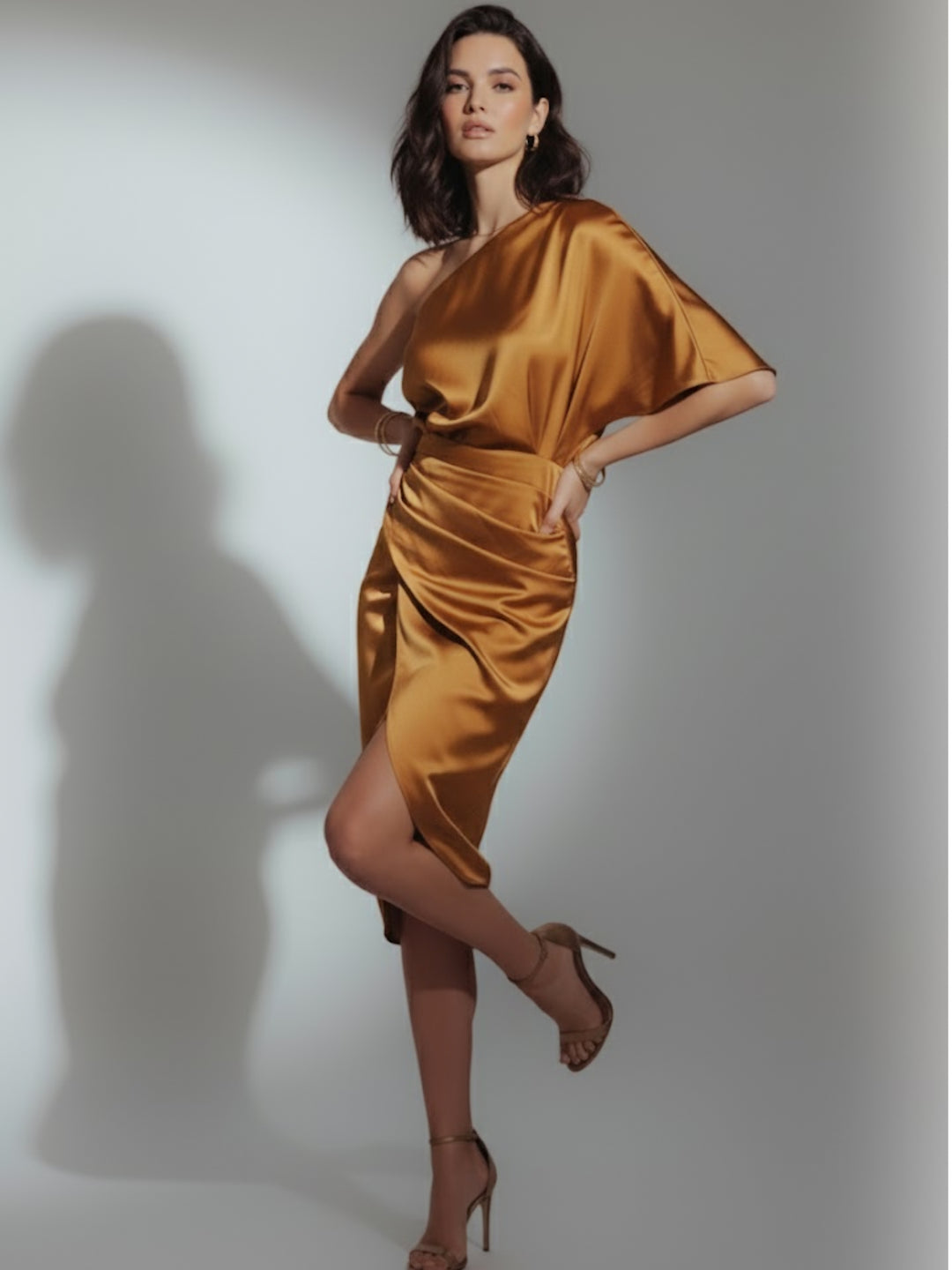 Mustard One Shoulder Sleeve Asymmetrical Dress