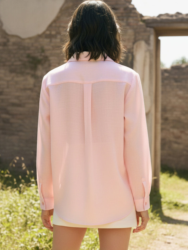 Pink Relaxed Fit Shirt With Assymetric Center Front And Lace Patch Detail