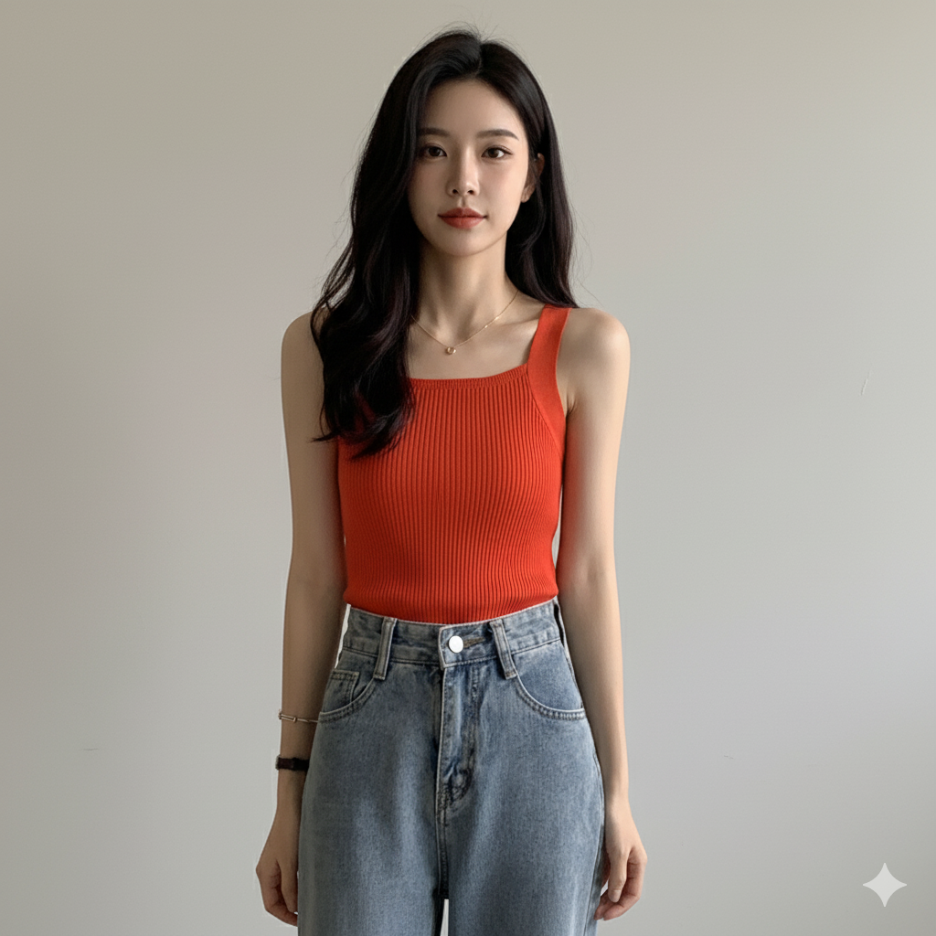 Orange Square Neck Flat Knit Tank Top