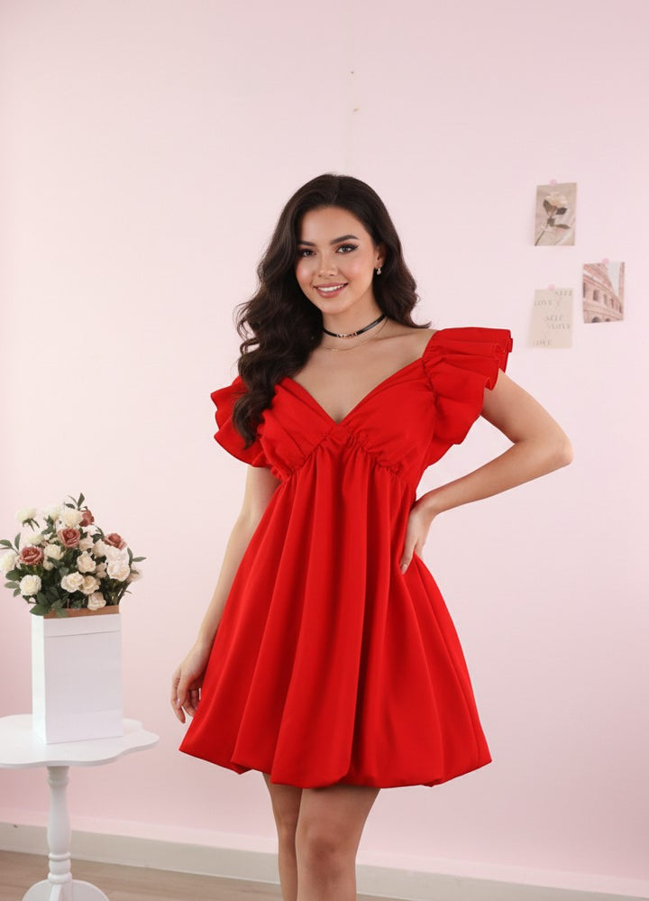 Red Ruffle Sleeve Back Tie-up Dress