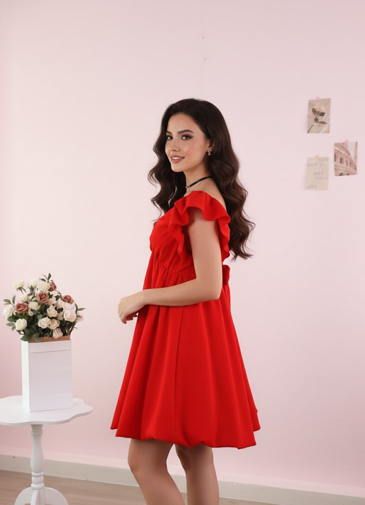 Red Ruffle Sleeve Back Tie-up Dress