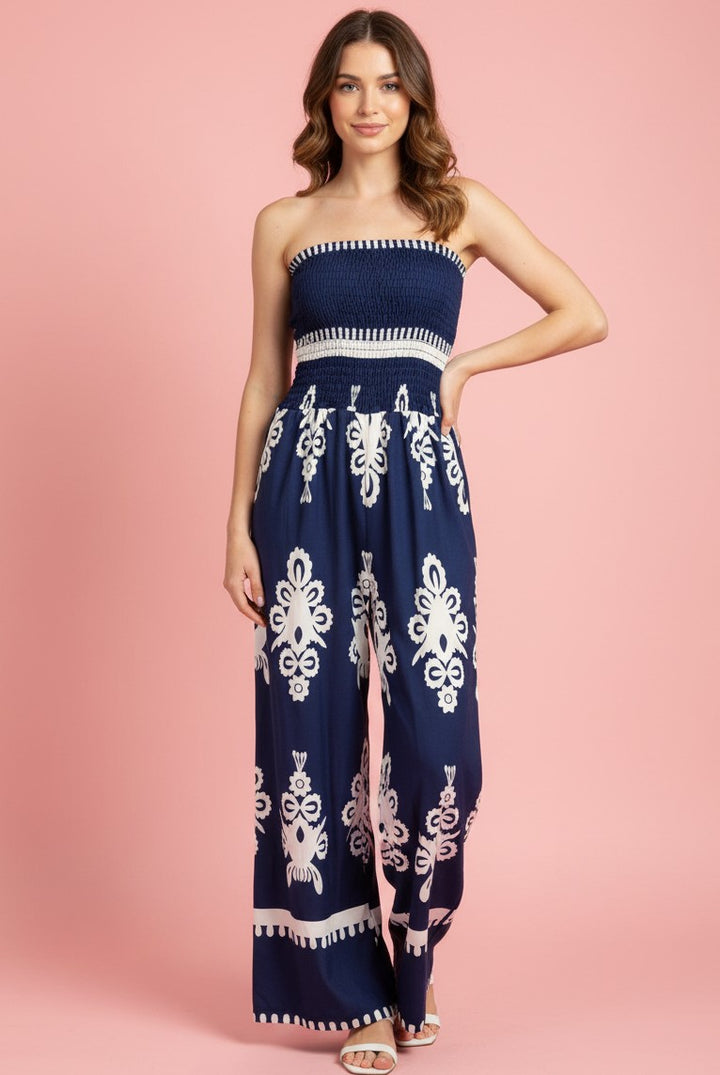 Blue Abstract Print Strapless Jumpsuits