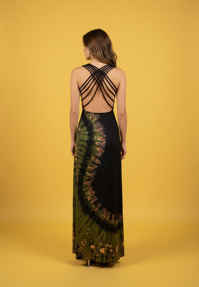 Green Shoulder Strap Tie-Dye Effect Dress