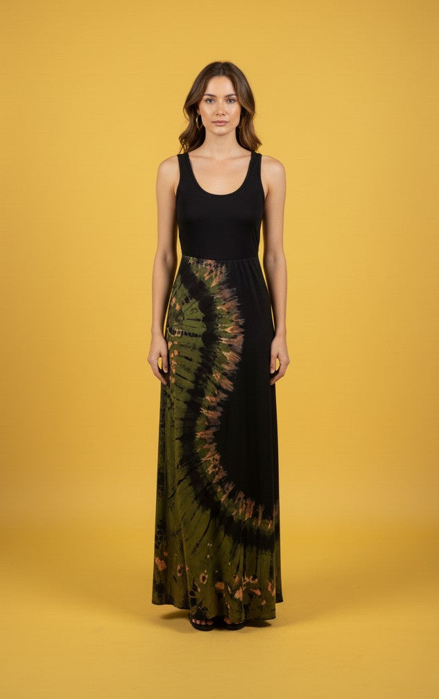 Green Shoulder Strap Tie-Dye Effect Dress