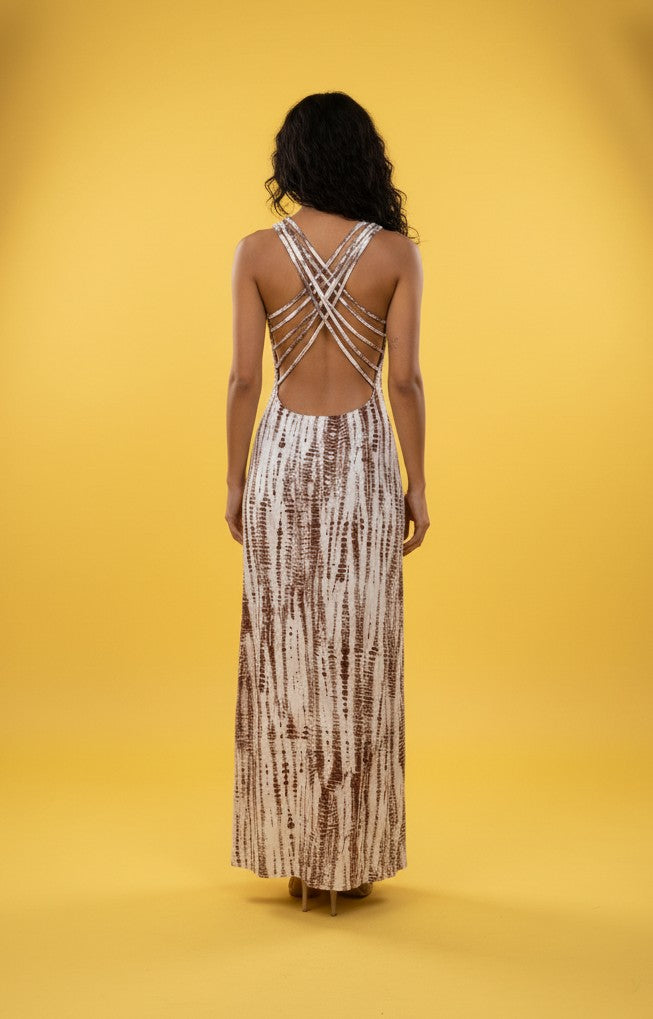 Brown Shoulder Strap Tie-Dye Effect Dress