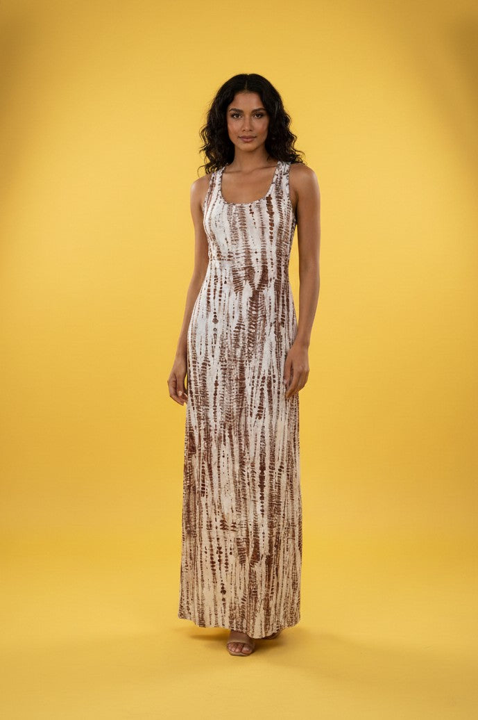 Brown Shoulder Strap Tie-Dye Effect Dress