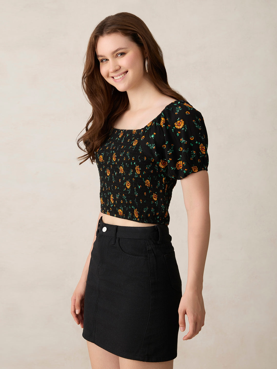 Black Fitted Top with Smocking Detail
