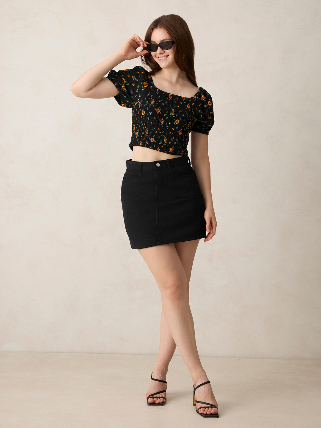 Black Fitted Top with Smocking Detail