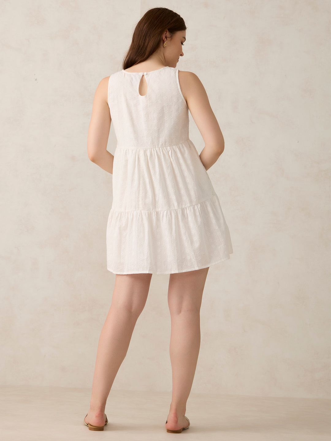 White Mini Tiered Schiffli Dress