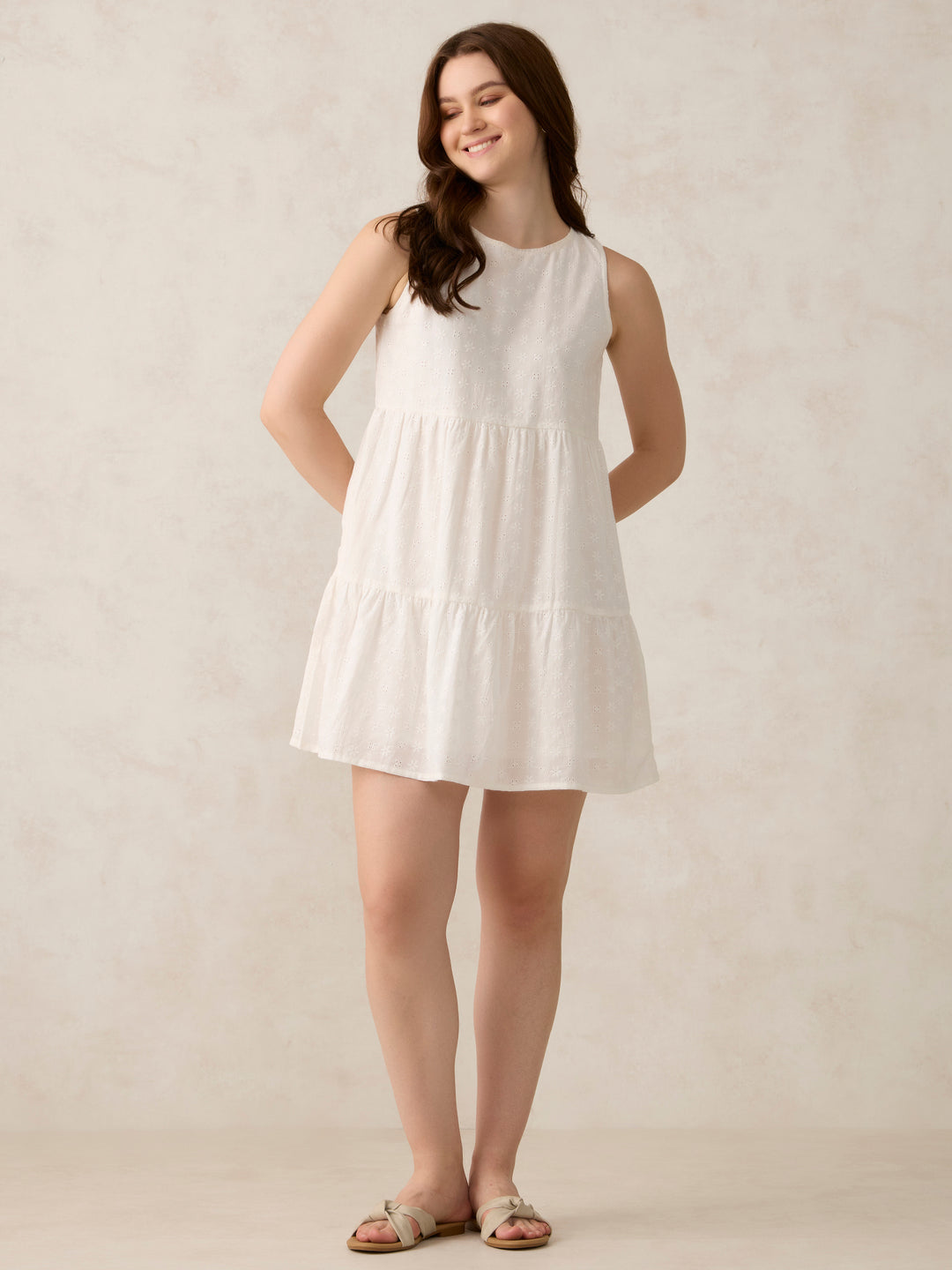 White Mini Tiered Schiffli Dress