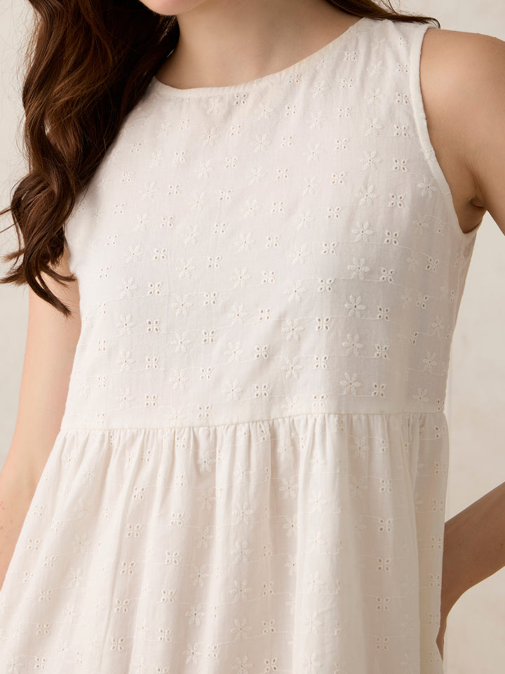 White Mini Tiered Schiffli Dress