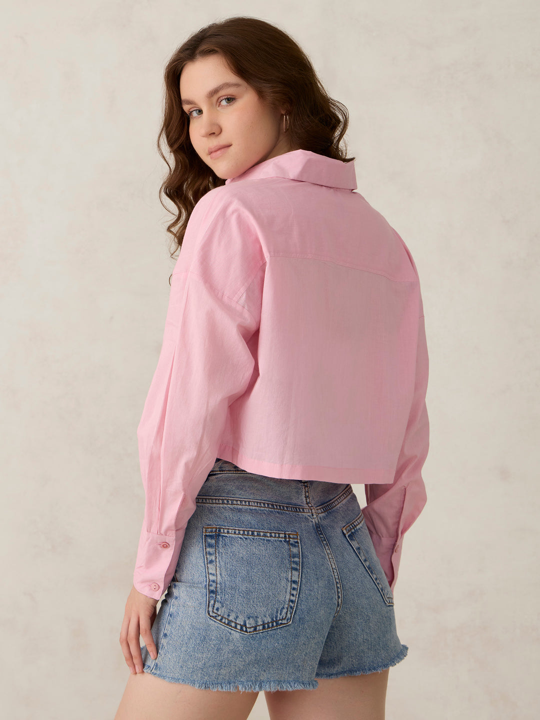 Pink Cropped Solid Shirt