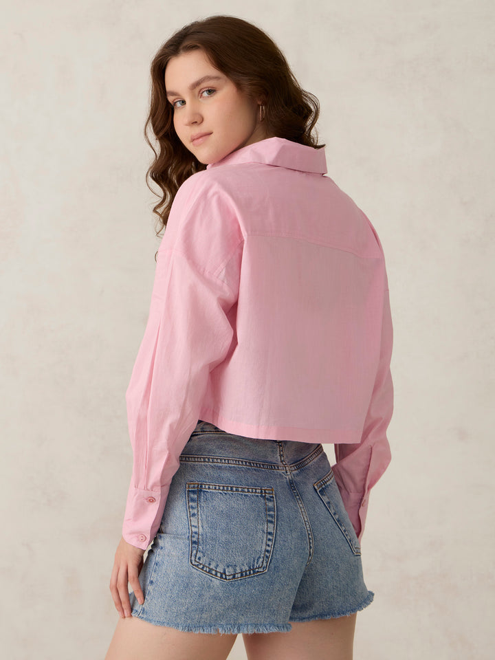 Pink Cropped Solid Shirt