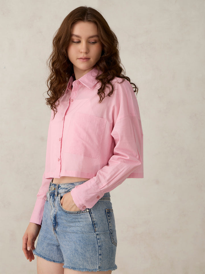 Pink Cropped Solid Shirt