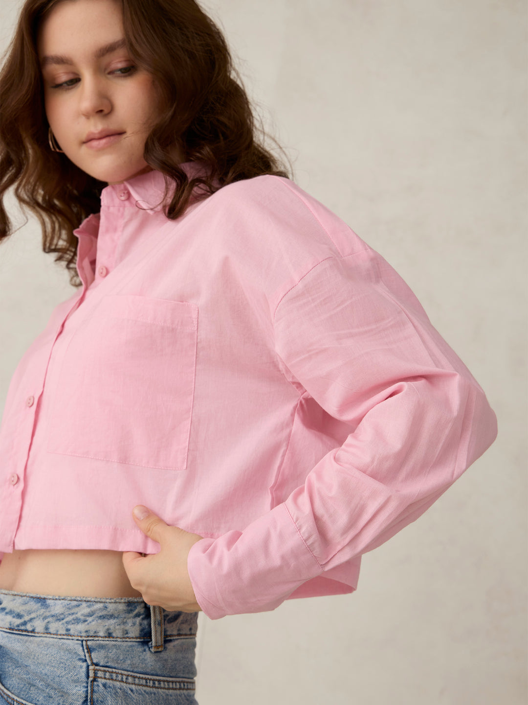 Pink Cropped Solid Shirt