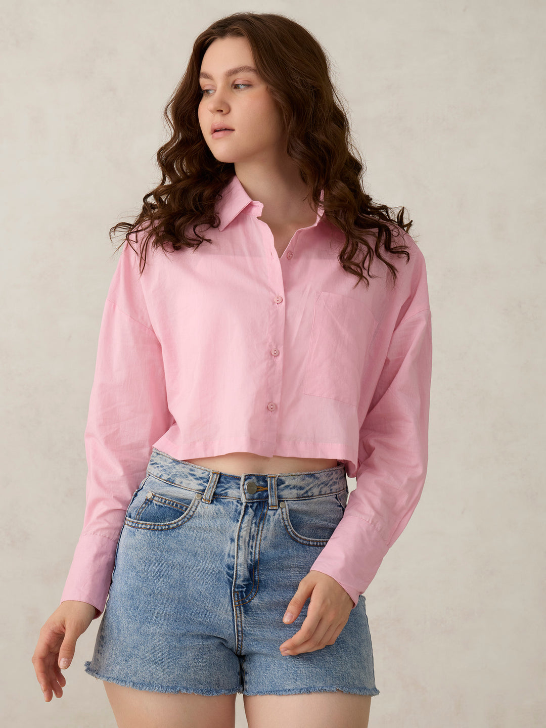 Pink Cropped Solid Shirt
