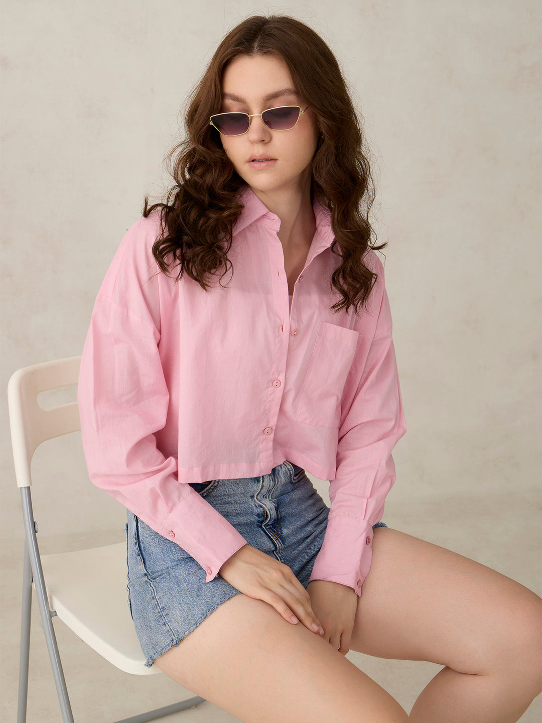 Pink Cropped Solid Shirt