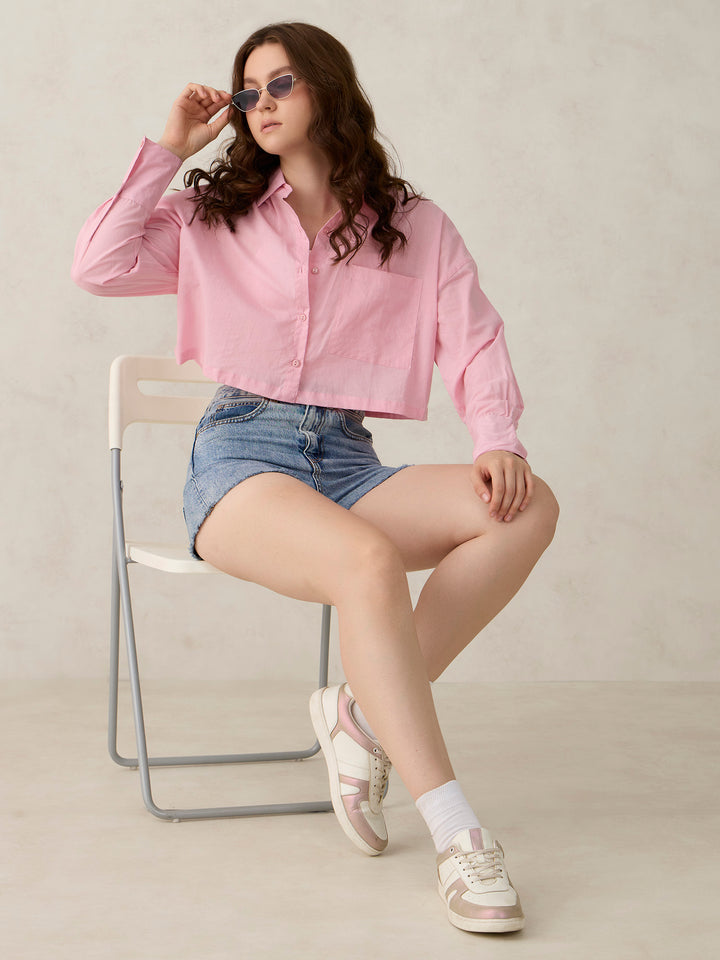 Pink Cropped Solid Shirt