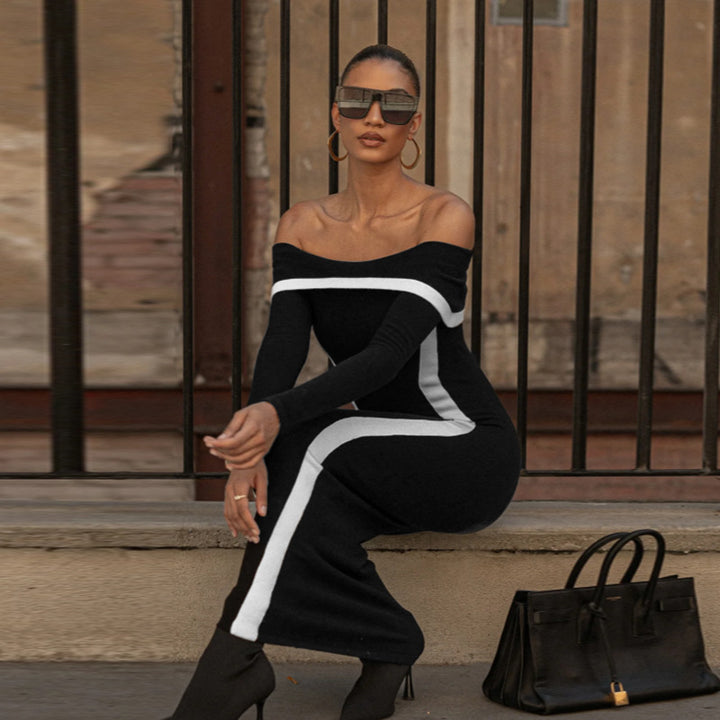 Off Shoulder Contrasting Taping Fitted Dress