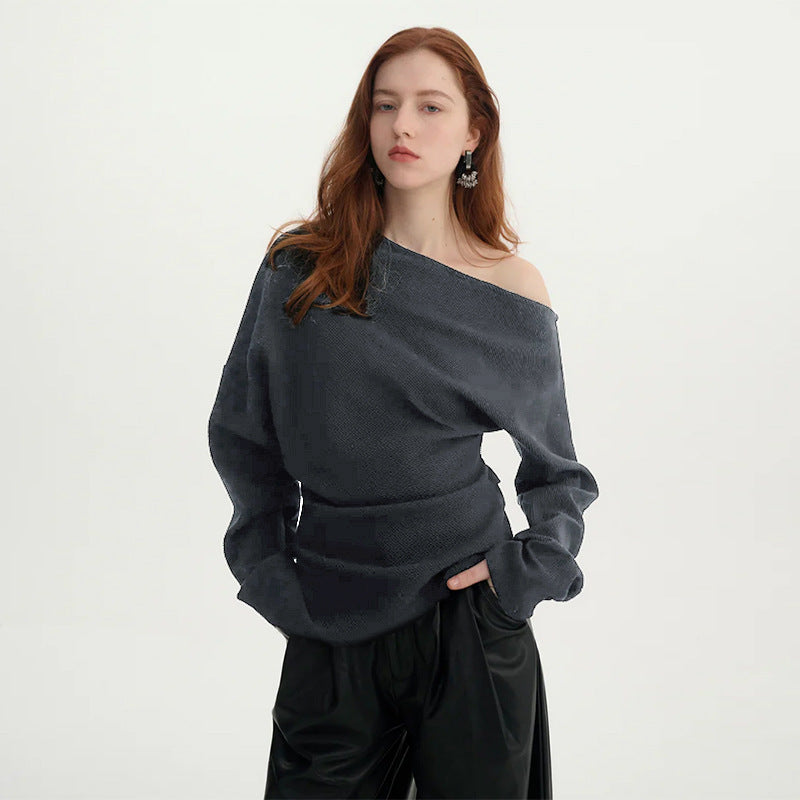 One Shoulder Long Sleeves, Uneven Hem Fitted Top